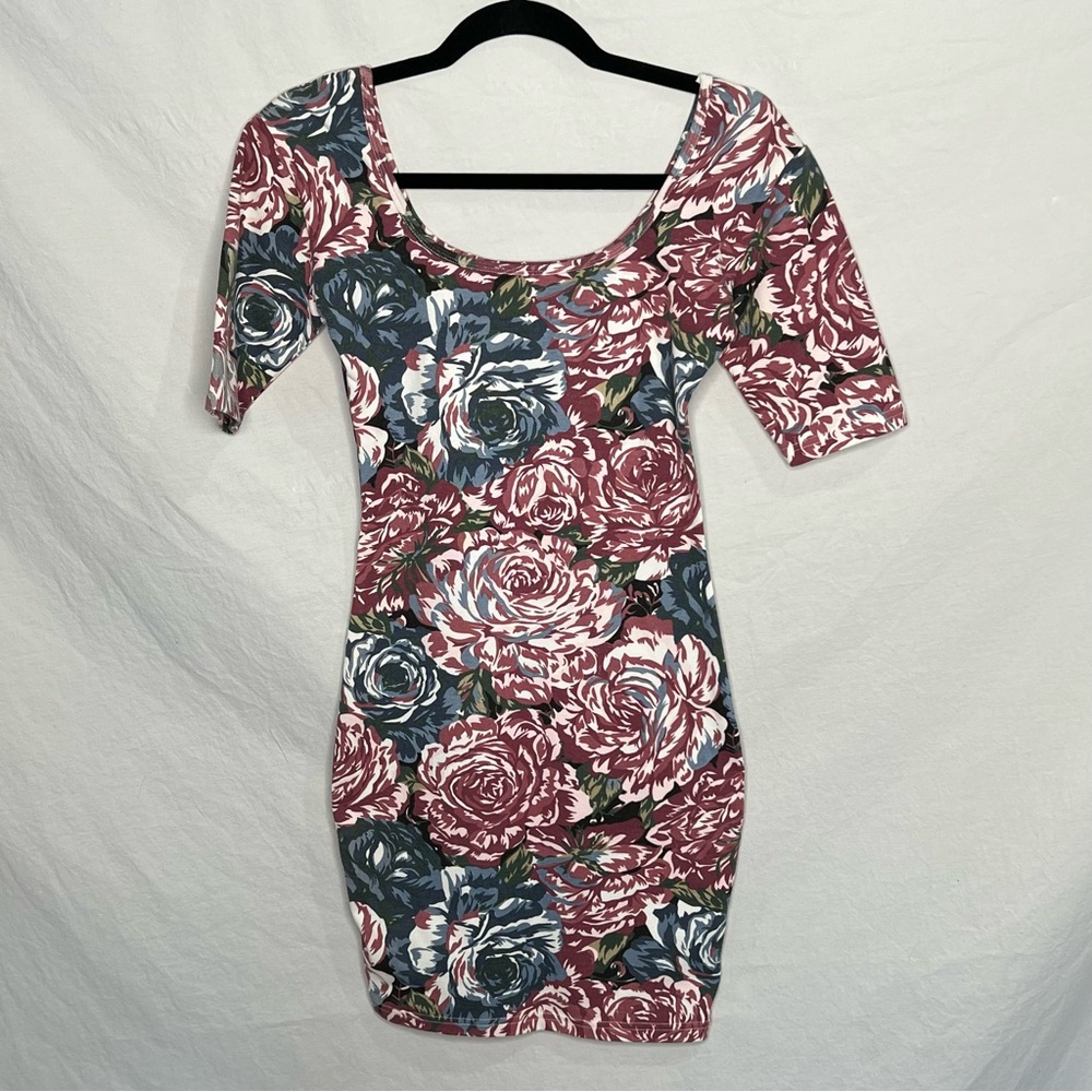 Vintage Express Tricot 90s Mini Bodycon Dress Floral Print Stretch Sz S Moody